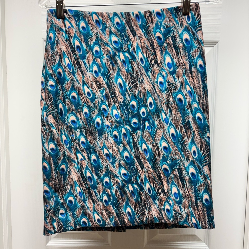 Talbots Petites Peacock Print Pencil Skirt | Size 2P | Lined